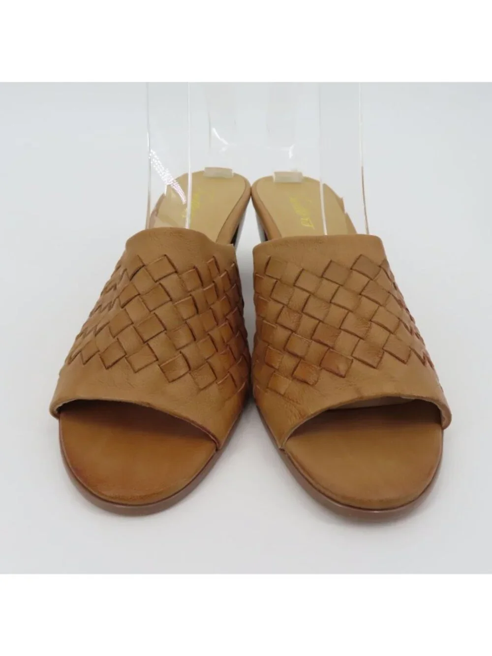 Trotters Women 7 N Brown Leather Basketweave Woven Slide Heels Sandals Shoes